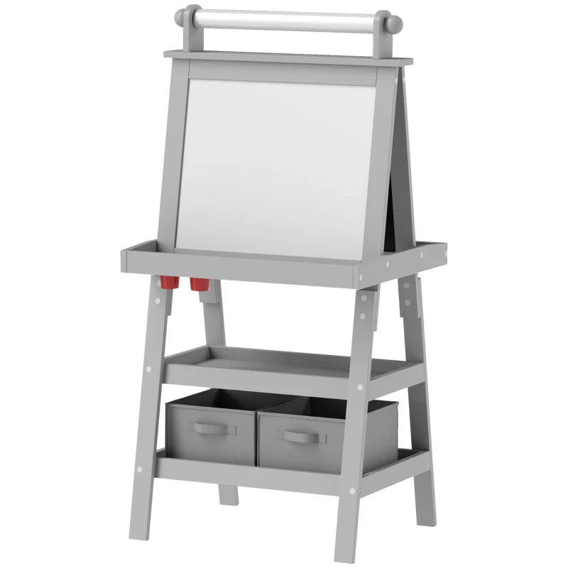AIYAPLAY 3 in 1 Kids Easel Double-Sided Magnetic Whiteboard and Chalkboard with Paper Roll, Storage Baskets - Grey