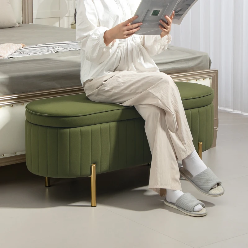 HOMCOM Panca Contenitore Ovale da 72L con Coperchio Sollevabile, in Tessuto Effetto Velluto e Legno, 108x44x43.5 cm, Verde