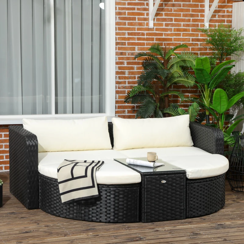 Outsunny Salotto da Giardino con 2 Poltrone e 2 Poggiapiedi in Rattan PE, Tavolino in Vetro, Nero
