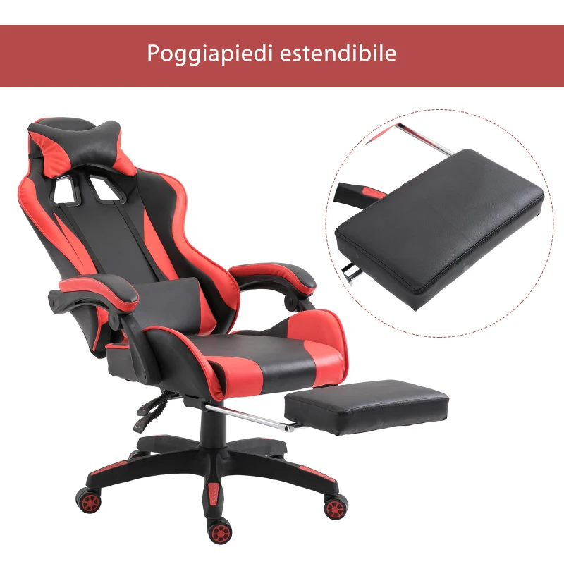Vinsetto Sedia da Gaming con Poggiapiedi Estendibile, Poltrona Gaming Ergonomica Reclinabile Ecopelle 66×60×127-134cm Rosso