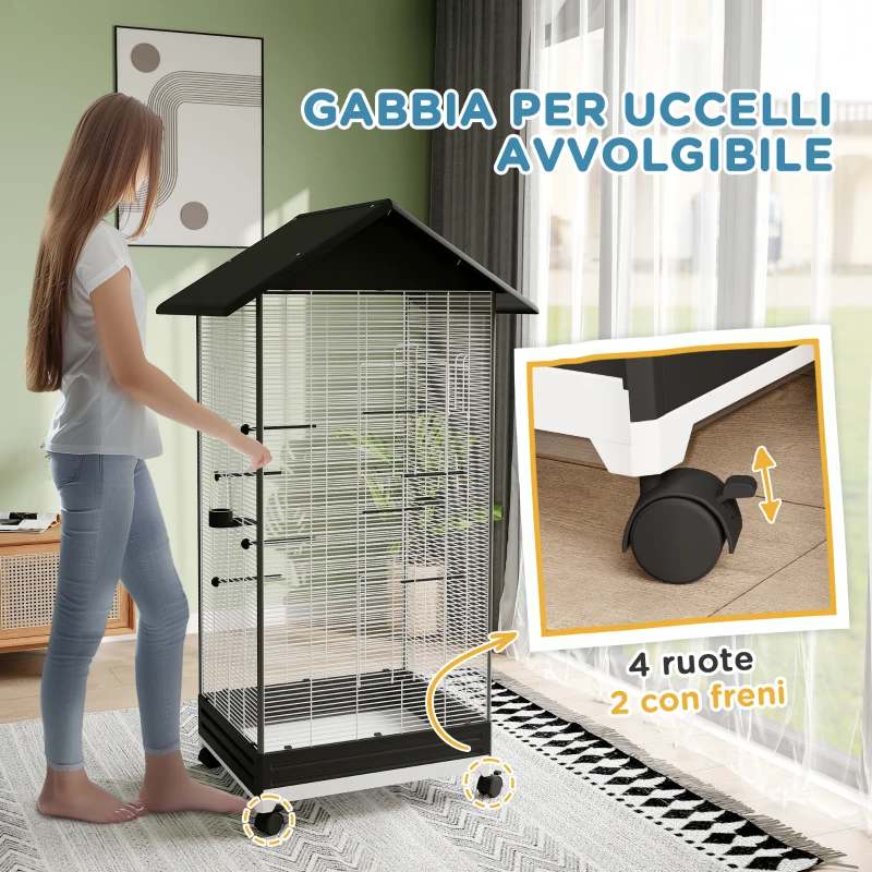 PawHut Gabbia per Uccelli con Ruote e Vassoio Estraibile, Voliera Alta 155 cm con Posatoi e Mangiatoie, Nero