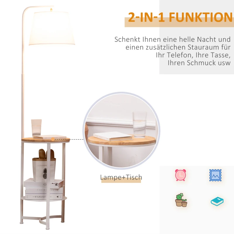 HOMCOM Stehleuchte Stehlampe Beistelltisch mit 2 Regalen Innenbeleuchtung E27 für Wohnzimmer Schlafzimmer Büro Metall Holz Tterylen-Gewebe Weiß 38 x 36 x 162 cm