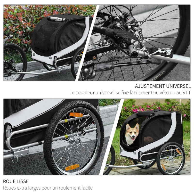 HOMCOM Remorque velo pour chien animaux avec drapeau et 8 reflecteurs blanc et noir