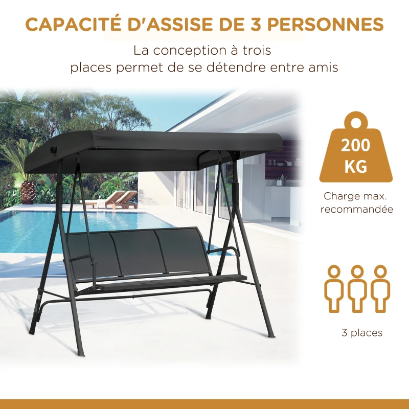 Outsunny Balancelle de Jardin 3 Places Grand Confort Toit Inclinaison réglable Assise et Dossier Ergonomique Acier époxy textilène Noir