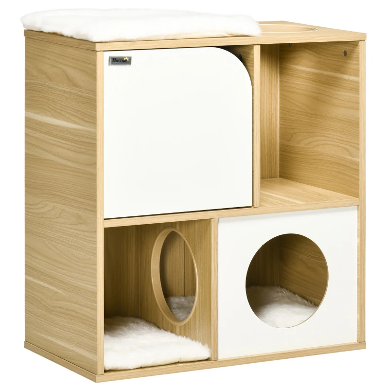 PawHut Maison pour chat design - niche chat panier chat - 3 coussins + grattoir sisal inclus - panneaux aspect chêne clair
