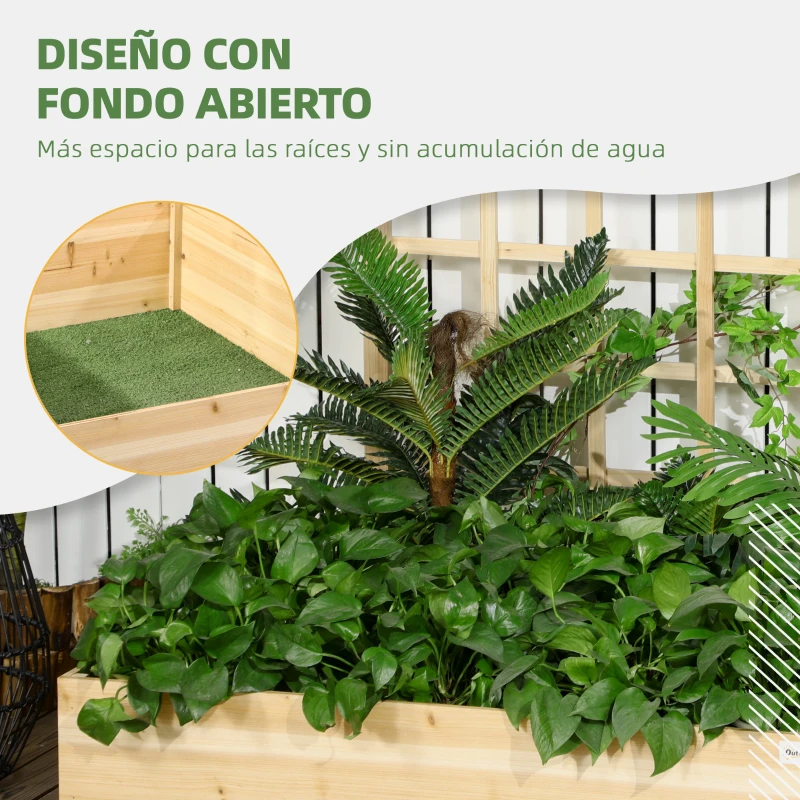 Outsunny Jardinera de Madera con Enrejado Arriate de Jardín para Trepadoras Cultivos Verduras Flores 110x116x120 cm Natural