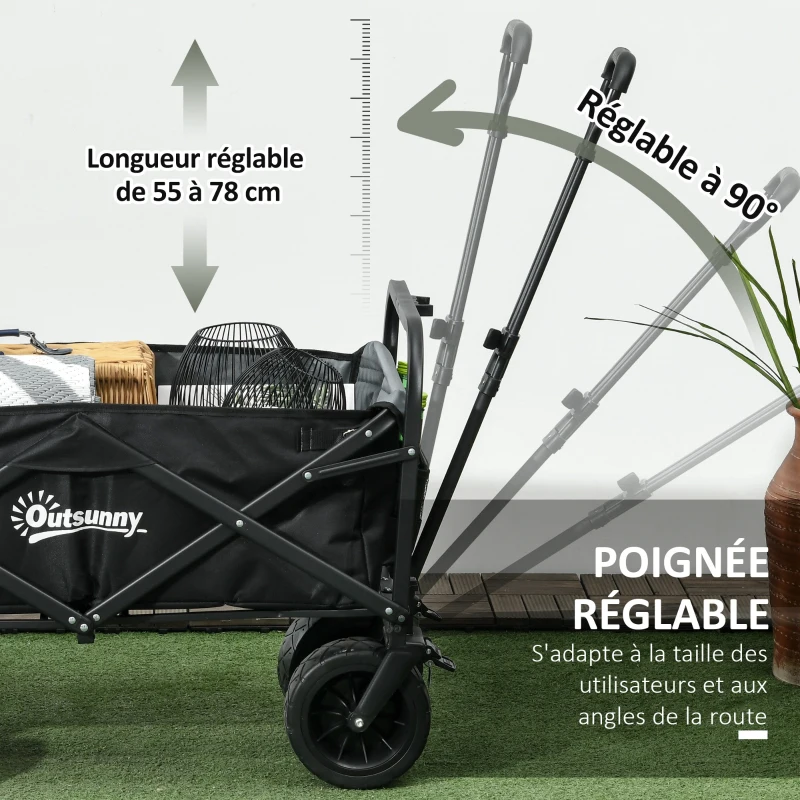Outsunny Chariot de Jardin Pliable 4 Roues poignée télescopique Inclinaison réglable, porte arrière ouvrable, noir