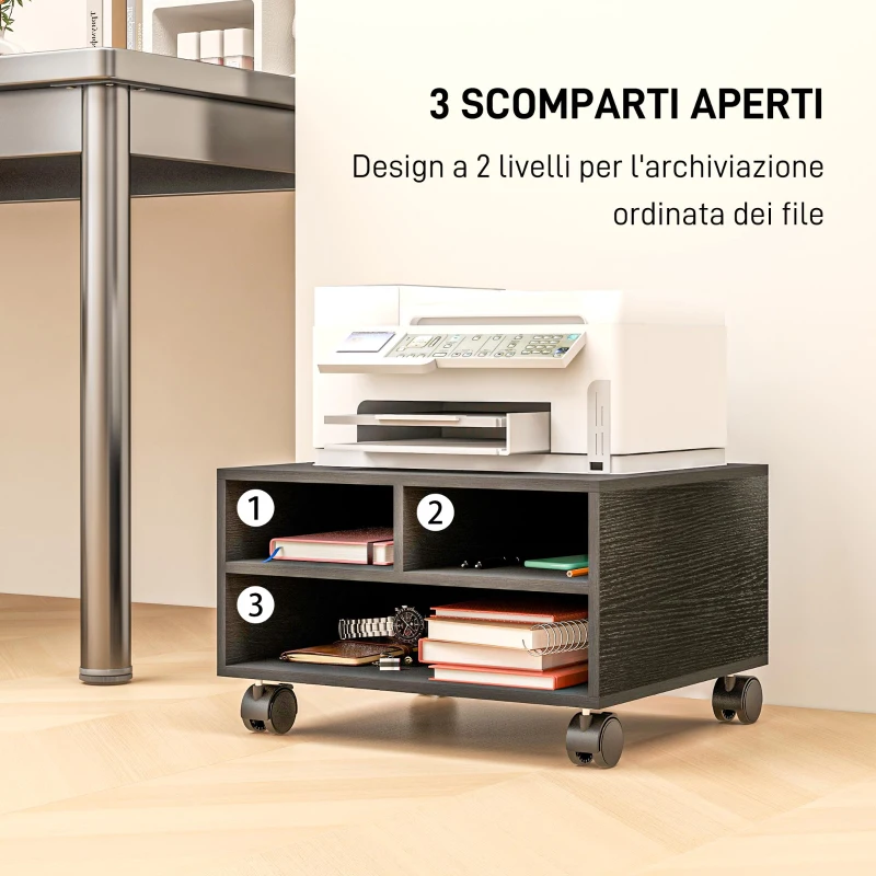 HOMCOM Mobile Porta Stampante a 2 Ripiani in Legno con Ruote per Ufficio e Studio, 47x40x22.5cm, Nero