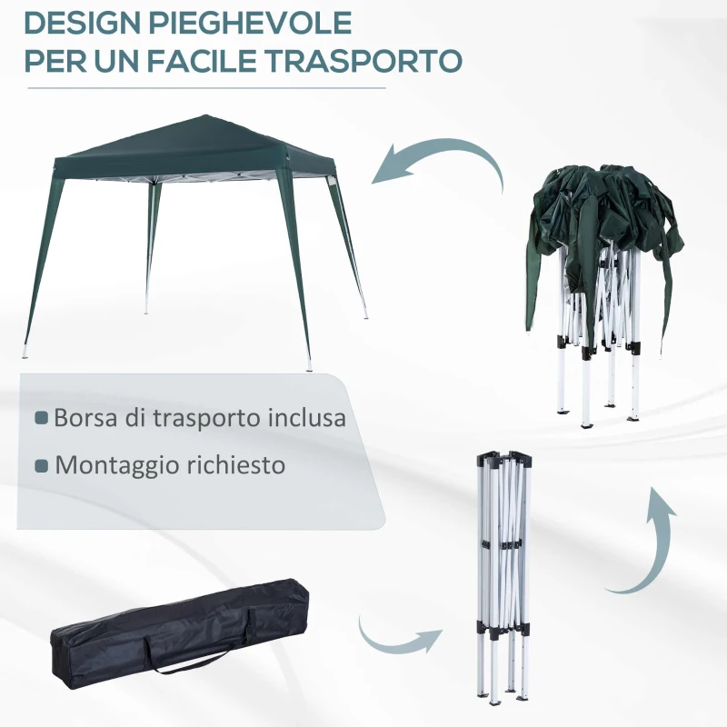 Outsunny Gazebo Pieghevole da Giardino 2.4x2.4m con Struttura in Acciaio e Corde Antivento, Verde