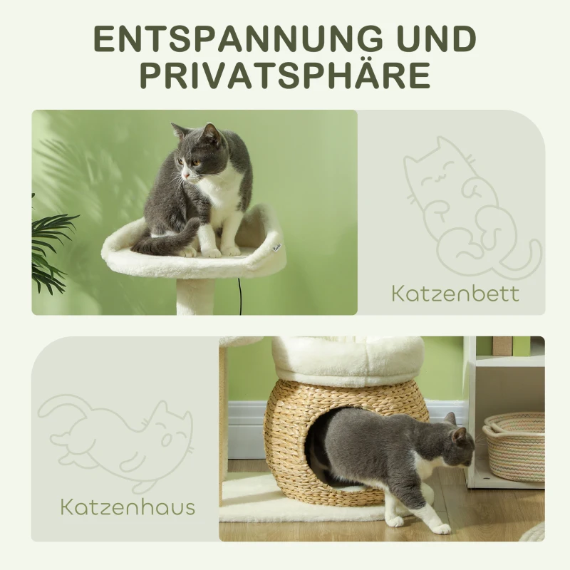 PawHut Kratzbaum mit Katzenhöhle, Spielball und Plattform, Schilfrohr/Sisal, bis 10 kg, 60 x 40 x 79 cm, Cremeweiß