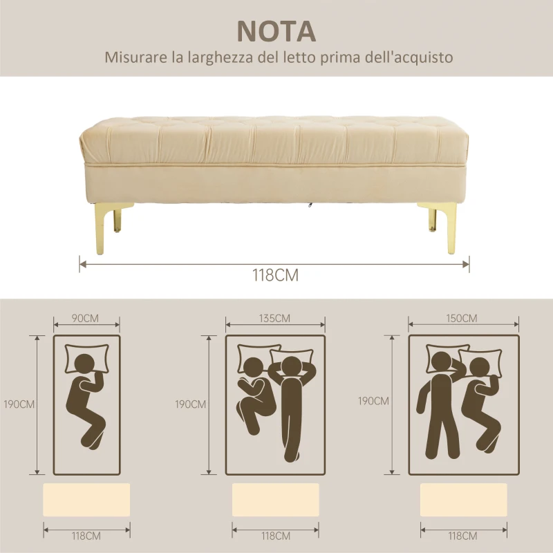 HOMCOM Panca Fondo Letto Imbottita con Rivestimento Trapuntato in Tessuto Effetto Velluto, 118x45x42 cm, Beige