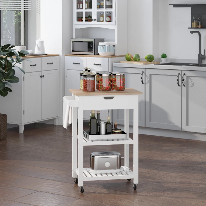 HOMCOM Carrello da Cucina Salvaspazio 2 Ripiani 1 Cassetto 1 Portasciugamani 4 Rotelle, Legno, Bianco, 64x39x84.5cm