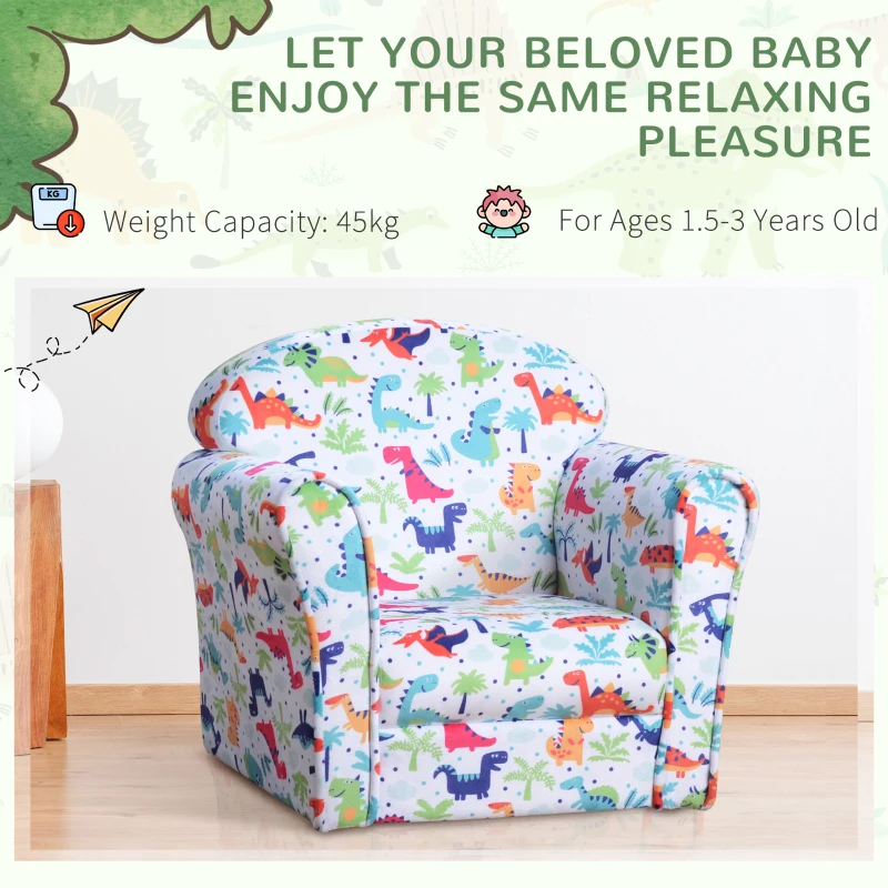 HOMCOM Children's Armchair Flannel Kids Sofa Tub Chair Cartoon Dinosaur Pattern Wooden Frame Bedroom Playroom Seater Multicolour