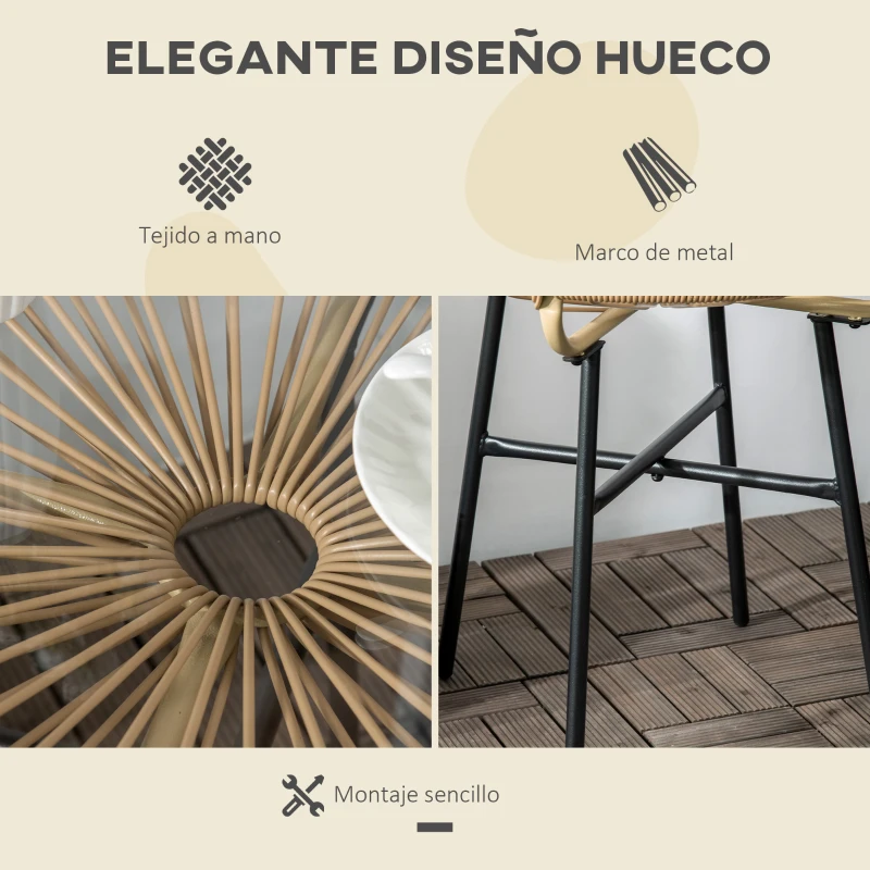 Outsunny Mesa Auxiliar de Ratán Sintético Redonda para Exteriores con Encimera de Vidrio Templado Ø50x50 cm Beige