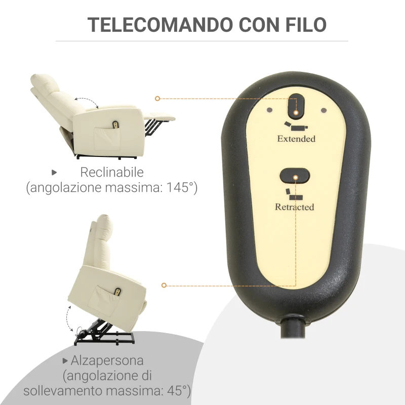 HOMCOM Poltrona Alzapersona con Telecomando e Schienale Reclinabile a 145°, Similpelle Color Crema