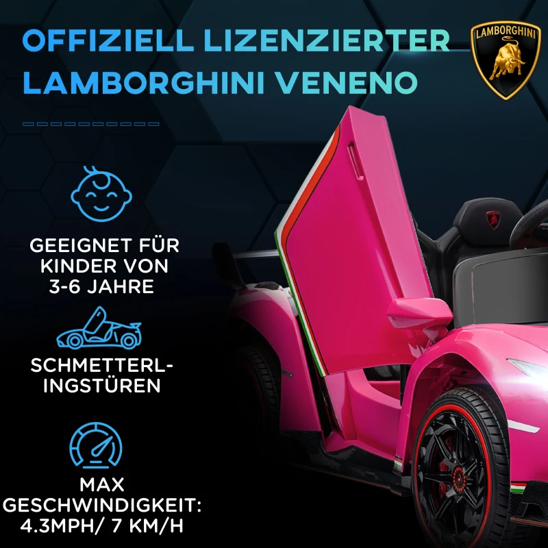 HOMCOM Elektro Kinderauto, lizenzierter Lamborghini Veneno, 3-7 km/h, Flügeltüren, Musikplayer, Fernsteuerung, pink
