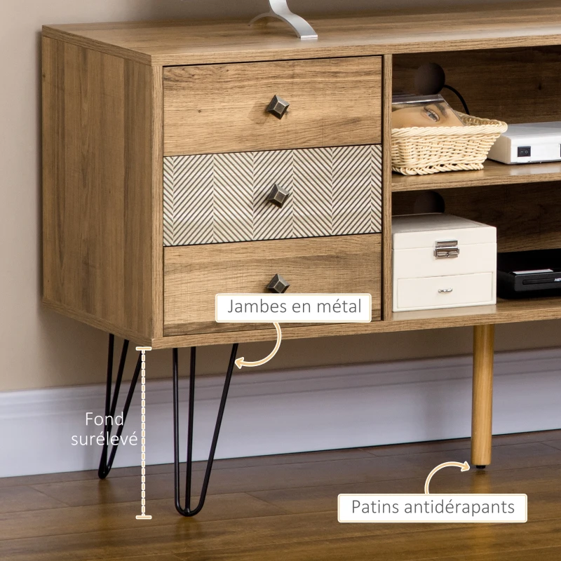 HOMCOM Meuble TV jusqu'à 50 pouces avec 4 compartiments 4 tiroirs 2 passe-câbles et 1 placard pieds épingles métal noir