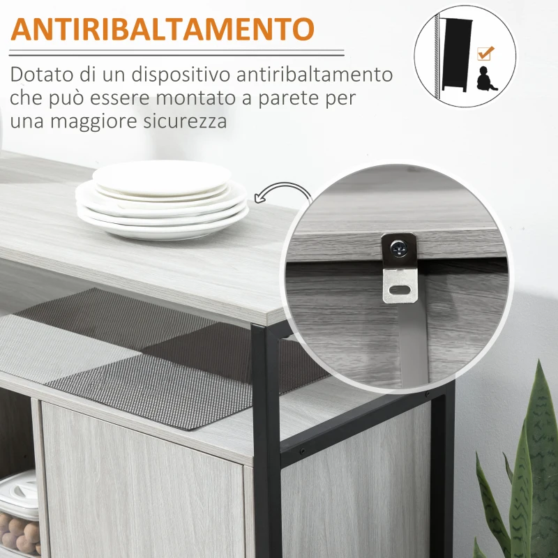 HOMCOM Credenza Moderna in Legno con 2 Armadietti e Ripiani, Mobile Cucina e per Ingresso Grigio Chiaro, 100x34x87.2cm
