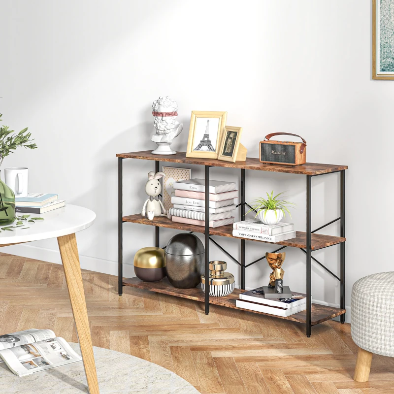 HOMCOM 3-Tier Industrial Style Shelf Metal Frame Smooth Shelves Adjustable Feet Home Office Display Storage Unit Sleek 76x120cm Brown