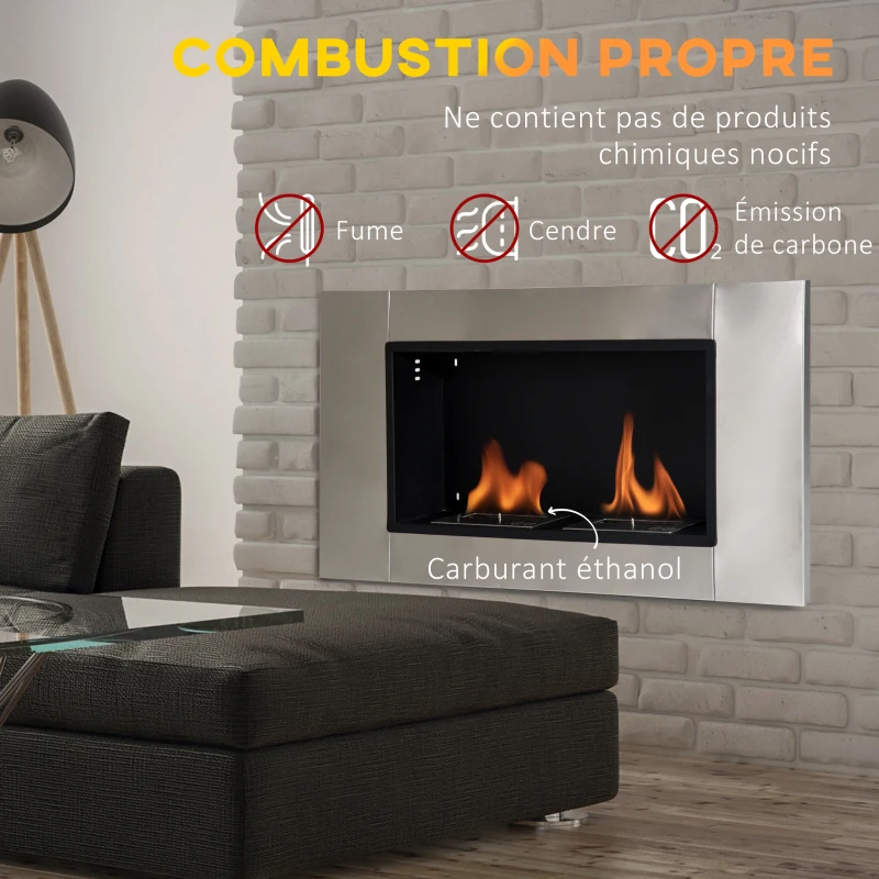HOMCOM Cheminée bioéthanol Murale encastrable brûleur 2*0,9 L, environ 3 h de durée de combustion 110L x 14,5l x 54H cm Couverture 25-30 m² Acier inox