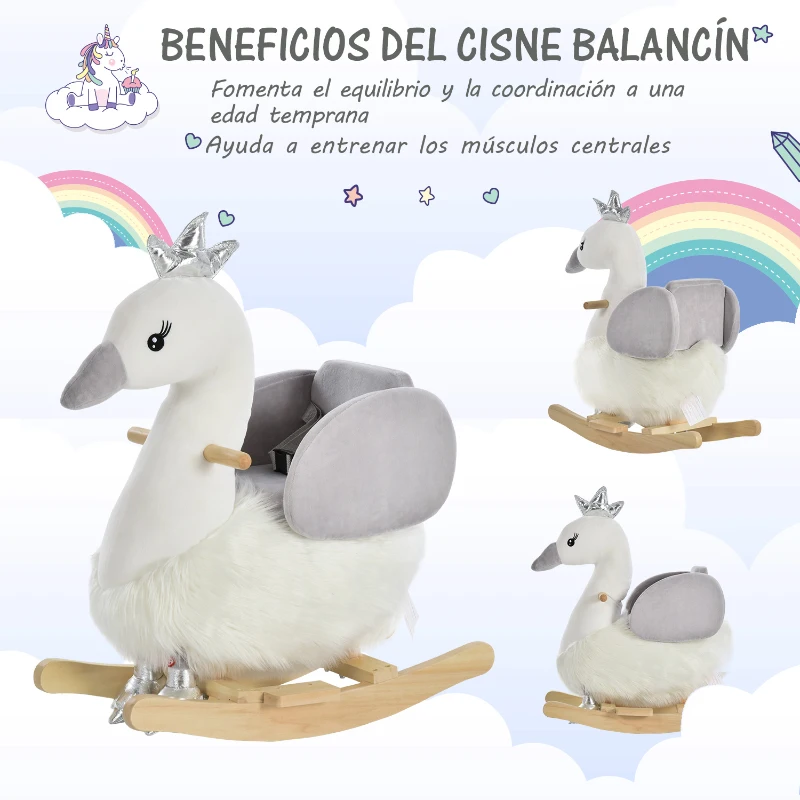 HOMCOM Balancín Infantil en Forma de Cisne de Felpa para Bebés 18-36 Meses con Sonido y Cinturón 60x33x59 cm Gris y Blanco