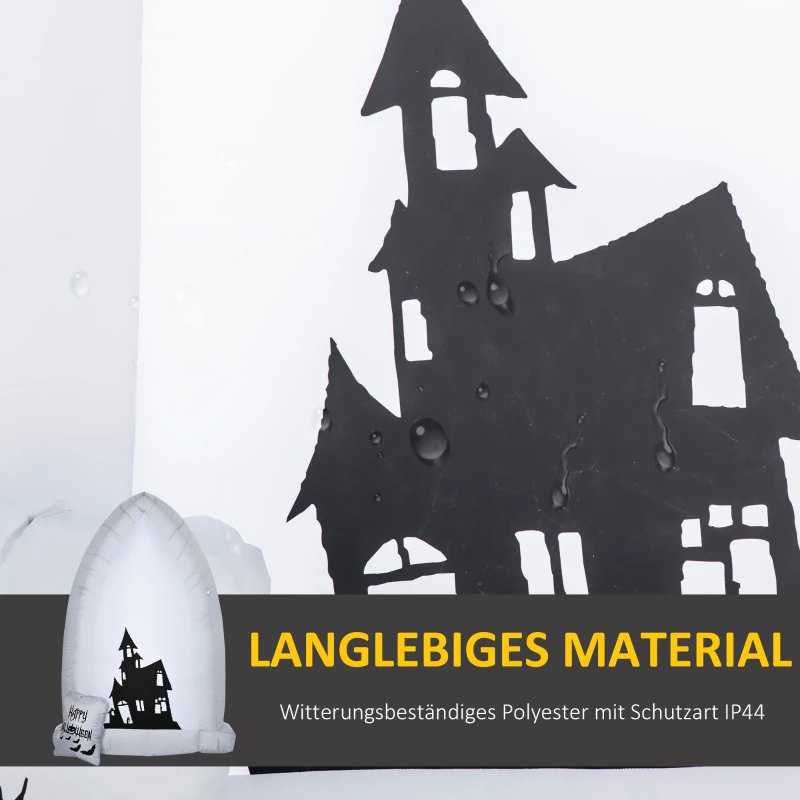 HOMCOM Selbstaufblasbare Halloweendekoration, Grabstein, LEDs, 150 x 90 x 210 cm, Weiß+Schwarz