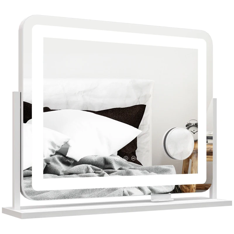 HOMCOM Espejo de Tocador Giratorio 58x46 cm con 3 Modos de Iluminación Ajustables Interruptor Táctil Espejo de Aumento Blanco