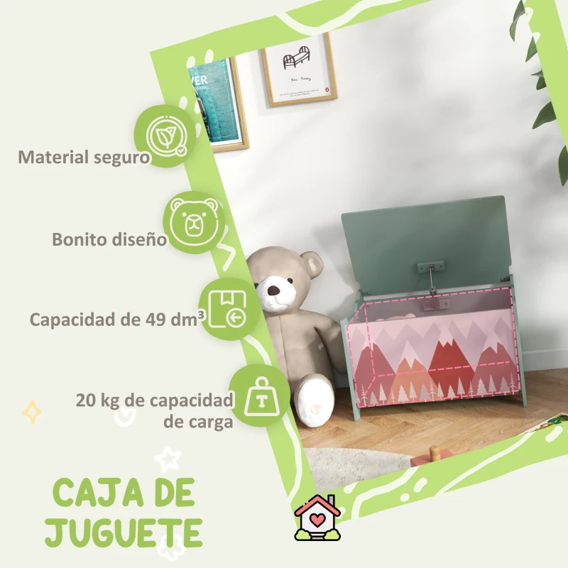 ZONEKIZ Cajas de Juguetes para Niños de 3 a 8 Años Cajas de Almacenamiento con 2 Asas y Estampado de Osos 60x37x39 cm Verde