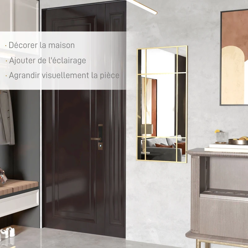 HOMCOM Miroir mural verrière rectangulaire style fenêtre, horizontal ou vertical avec 4 crochets, en métal doré - 110x50 cm