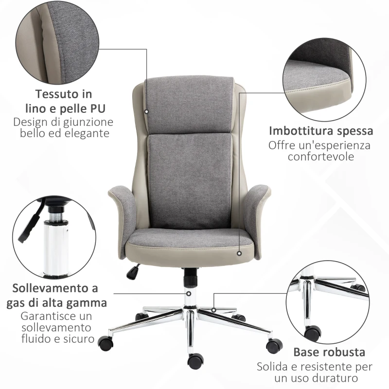 Vinsetto Sedia da Ufficio Elegante a 2 Tessuti, Sedia Ergonomica ad Altezza Regolabile, 65x72x108-118 cm, Grigia