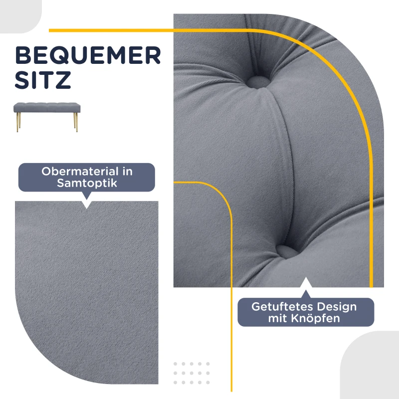 HOMCOM Sitzbank im Tufting-Design, Bezug in Samtoptik, Stahlbeine, hellgrau, 115 x 46 x 49 cm