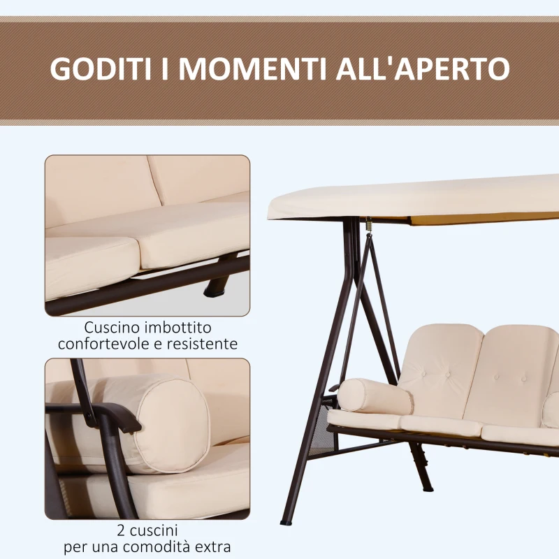 Outsunny Dondolo 3 Posti con Tetto Regolabile, Portabicchieri e Cuscini, in Metallo e Poliestere, 208x121x172 cm, Beige