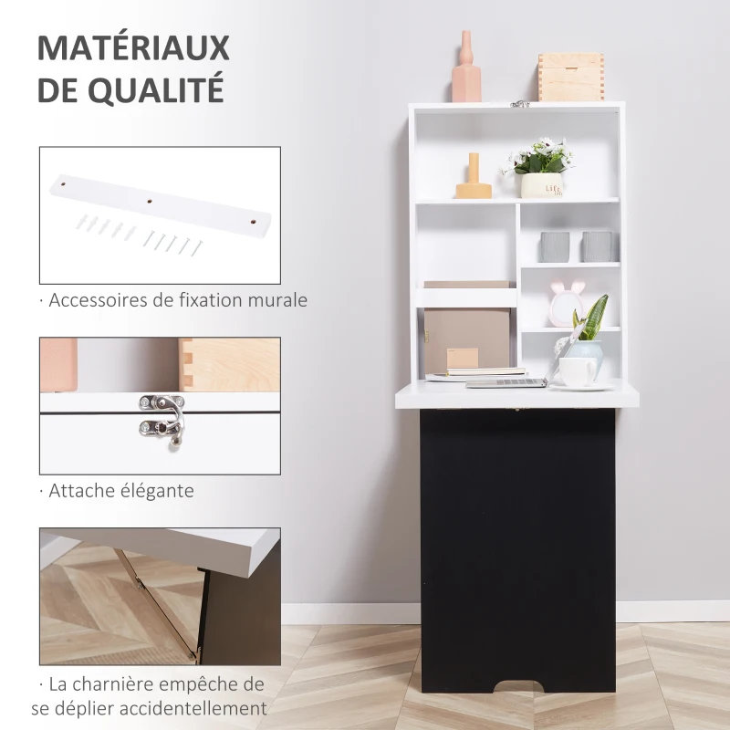 HOMCOM Bureau Mural Pliable Table Murale Rabattable Suspendue sur Pied étagère + Tableau à Craie intégré MDF Blanc
