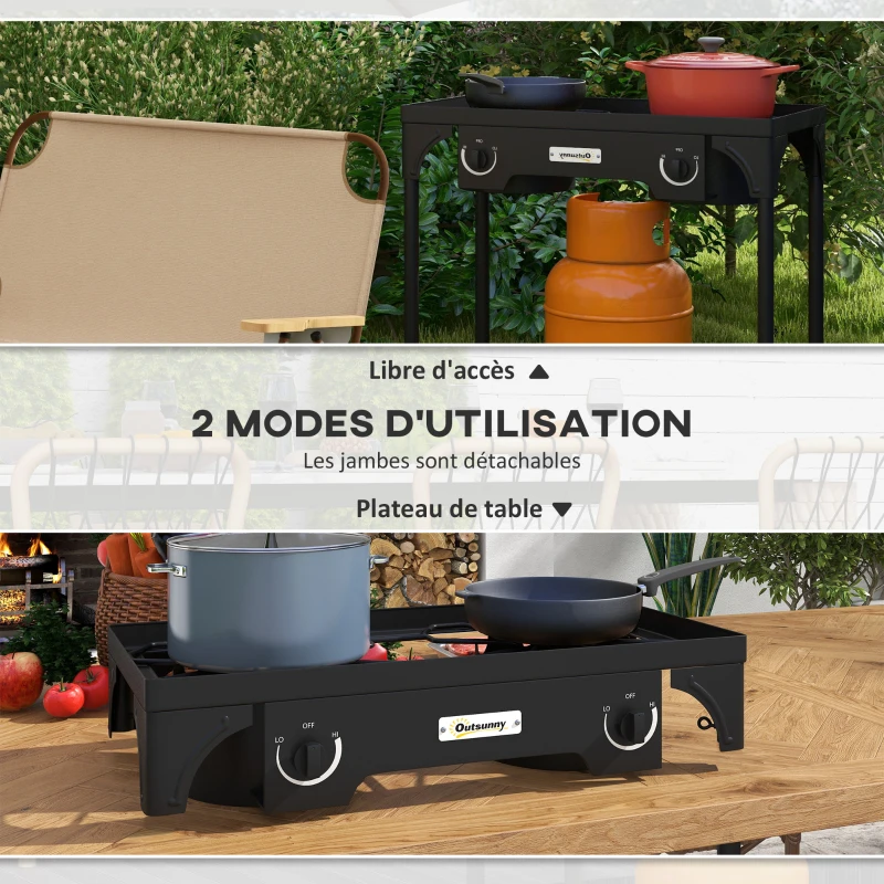 Outsunny Réchaud 2 brûleurs au propane portable 150 000 BTU/h avec 2 pieds amovibles pour extérieur, camping, métal moulé