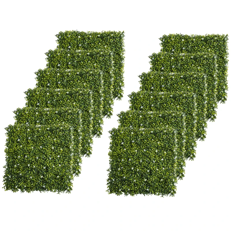 Outsunny 12PCS Artificial Boxwood Wall Panels 50cm x 50cm Grass Privacy Fence Screen Faux Hedge Greenery Backdrop Encrypted Milan Grass with White Flowers for Home Garden Backyard Balcony