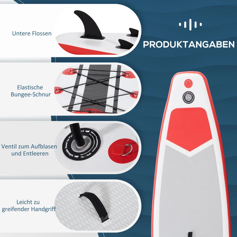 Outsunny Aufblasbares Surfbrett 320 cm Surfboard Stand Up Board mit Paddel faltbar EVA Rutschfest inkl. Zubehör Weiß+Rot