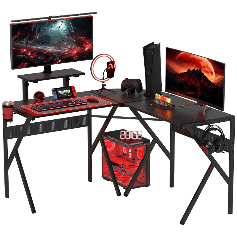 HOMCOM Gaming Desk L-Shaped Corner Computer Table for Home Office PC Workstations with Adjustable Monitor Stand Cup Holder Headphone Hook 125x125x75cm, Black
