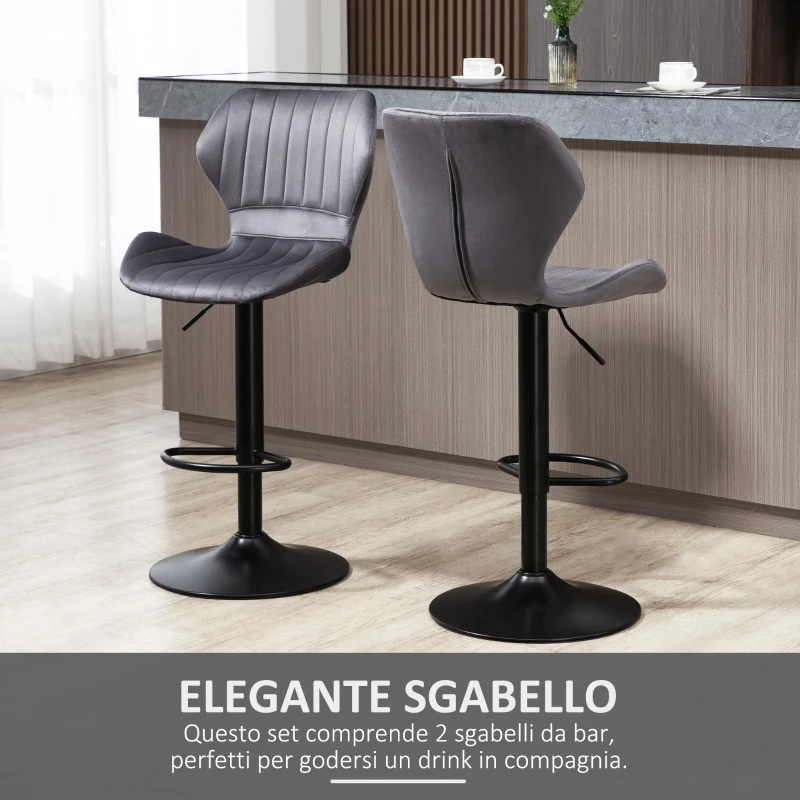 HOMCOM Set 2 Sgabelli da Bar ad Altezza Regolabile con Seduta Ergonomica e Poggiapiedi, Sgabelli Alti in Effetto Velluto e Metallo, 47x51.5x92-114 cm, Grigio