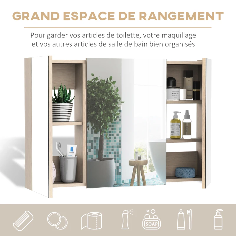 kleankin Armoire murale salle de bain, meuble de rangement avec miroir, 2 placards avec 3 étagères en bois, 90 x 60 x 13,5 cm
