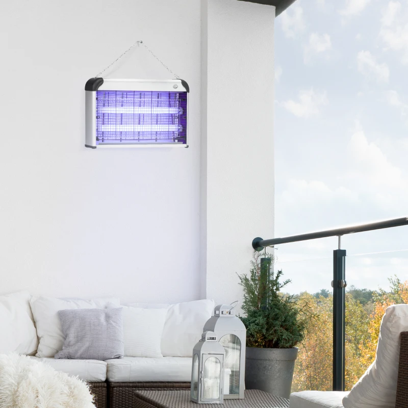 Outsunny 30W Electric Fly Zapper, Bug Zapper with UK Plug, 2 UV Bulbs, Hanging Chain, On/Off Switch and Removable Catch Tray, 60㎡ Coverage Insect Mosquito Killer for Indoor and Outdoor Use, Silver