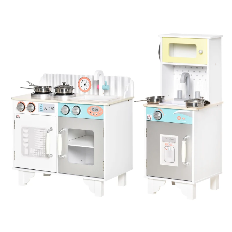 HOMCOM Two Kids Wooden Toy Kitchen Play Cooking Set Pretend Role Playset, with  Sink, Telephone, Storage Basket, for 3-6 Years Old