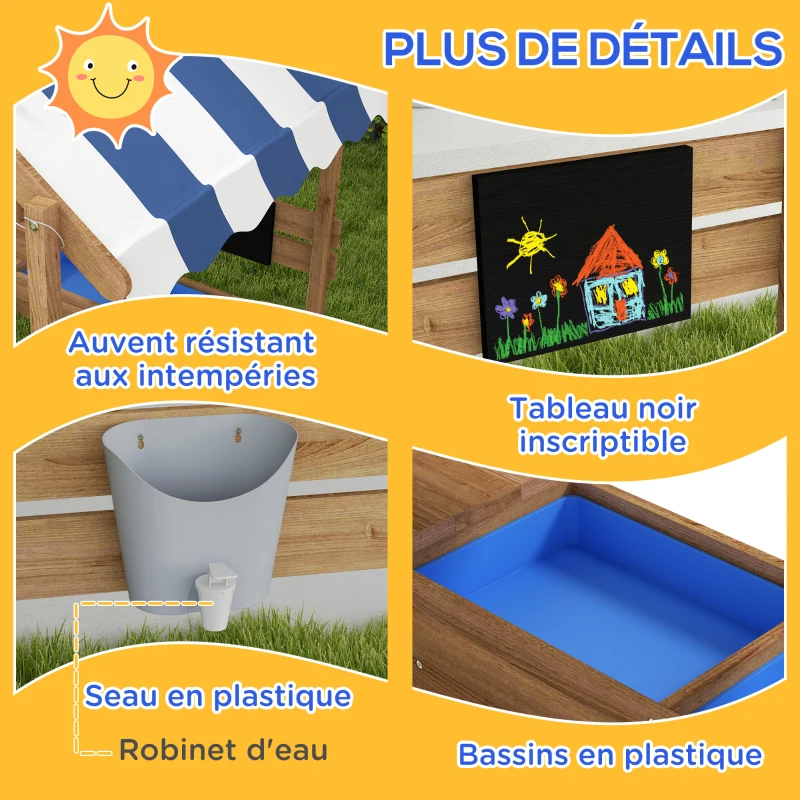 Outsunny Bac à sable bois forme de maison pour enfant avec auvent 2 bacs évier tableau 124 x 116 x 146 cm noir