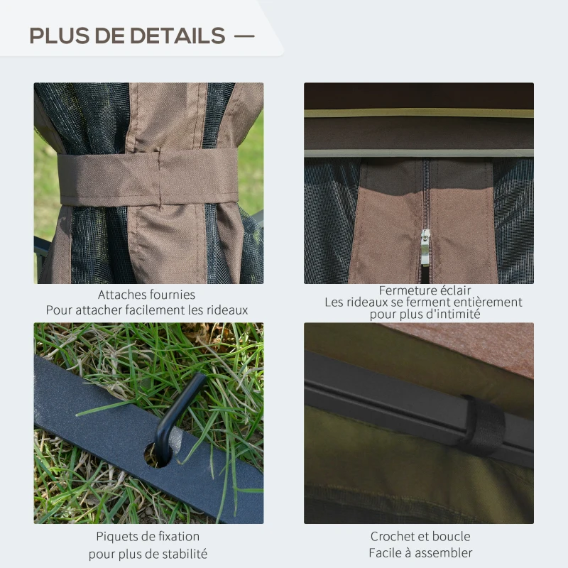 Outgunny Tonnlle de jardin barnum pavillon de jardin 3 x 3 double toit avec moustiquaires amovibles imperméable café