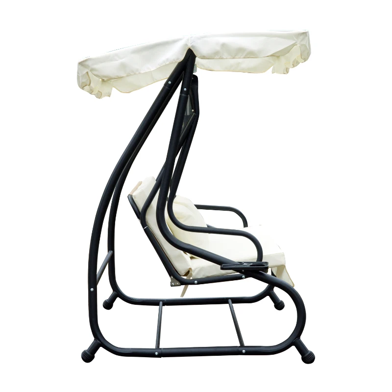 Outsunny Columpio Balancín Jardín 3 Plazas Convertible en Cama Techo Parasol Regulable Bandeja para Bebida Terrza Balcón Exterior Carga máx. 340kg Acero 200x120x164cm Beige