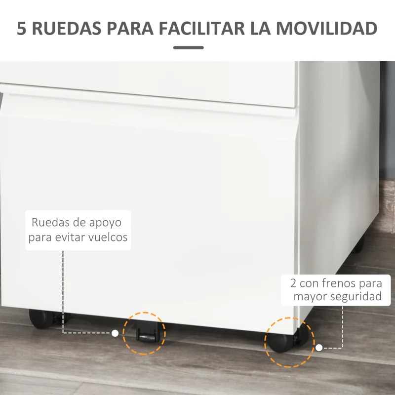 Vinsetto Cajonera de Oficina con Ruedas Mueble con Cerradura 2 Cajones y 1 Archivador para Tamaño A4 Carta 39x48x60 cm Blanco