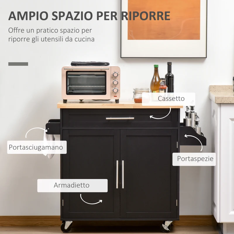 HOMCOM Carrello da Cucina Multiuso con Cassetto, Ruote, Portaspezie e Armadietto, Mobiletto Cucina con Ripiano Regolabile, Portasciugamani e Piano in Legno di Caucciù, 109x40x89 cm, Nero