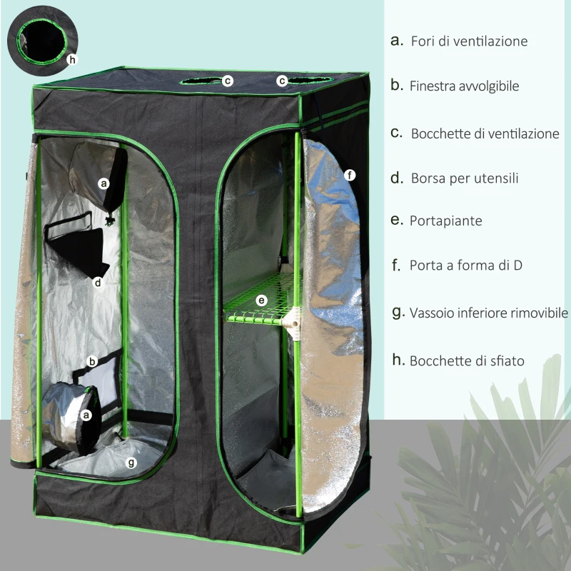 Outsunny Serra Idroponica per Interni, Tessuto Riflettente e Prese d'Aria, Porte e Finestre, 90x60x135cm Nero e Verde