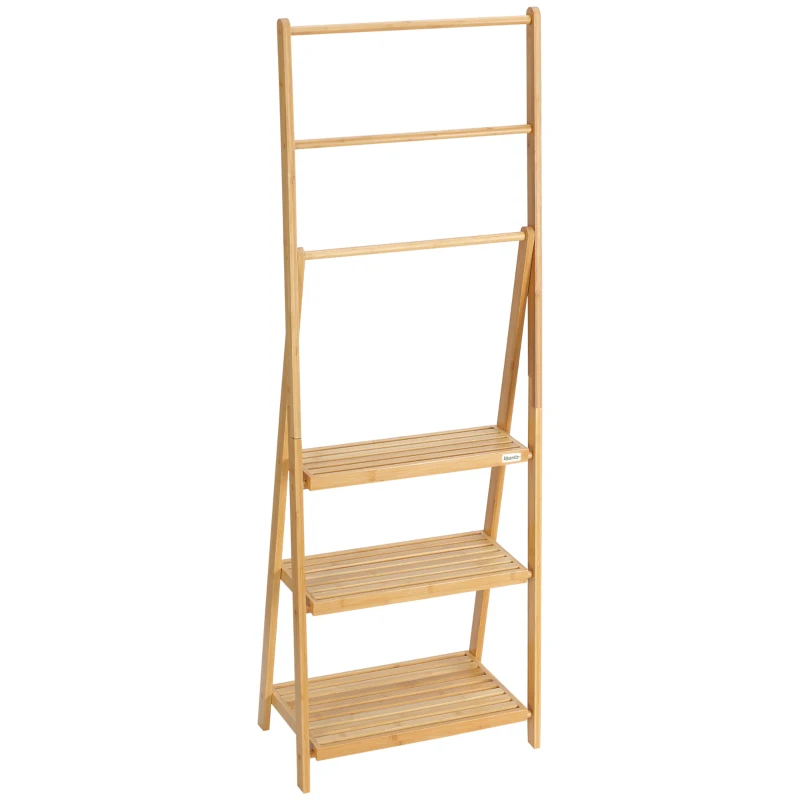kleankin Freestanding Natural Bamboo Towel Rack with 3 Towel Rails and 3 Storage Shelves, Space-Saving Foldable Towel Holder for Bathroom