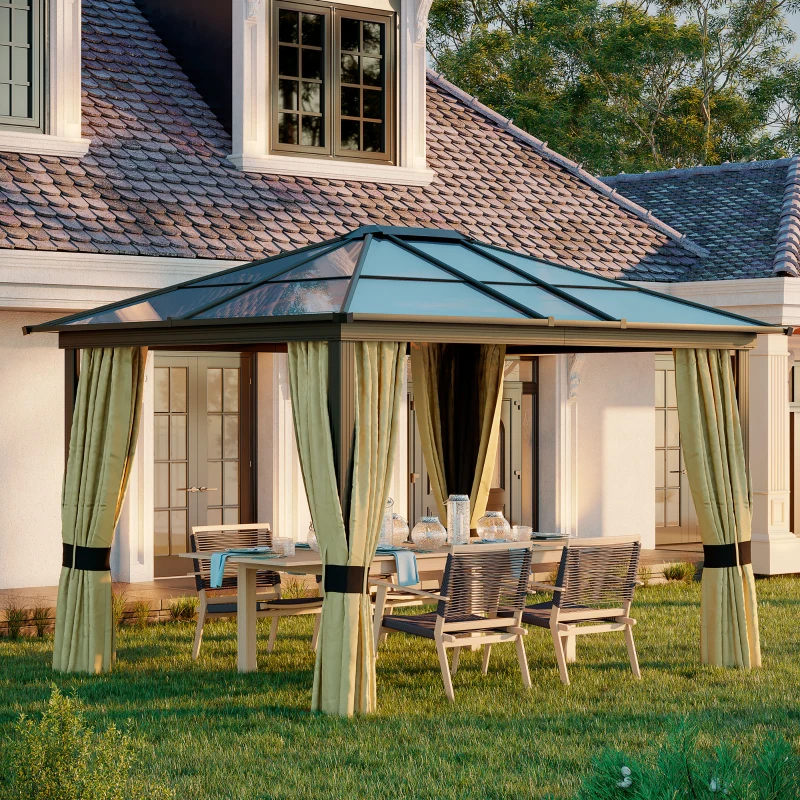 Outsunny 3 x 3.6m Polycarbonate Hardtop Gazebo with LED Solar Light and Aluminium Frame, Garden Pavilion with Mosquito Netting and Curtains