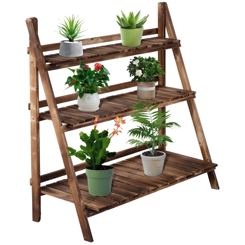 Outsunny 3-Etagen Pflanzenständer, klappbarer 93 cm hoch Blumenständer für Innen Außen, Pflanzenregal aus Holz, Blumentopfständer mit Tabletts, Blumentreppe für Wohnzimmer, Garten Balkon, Dunkelbraun